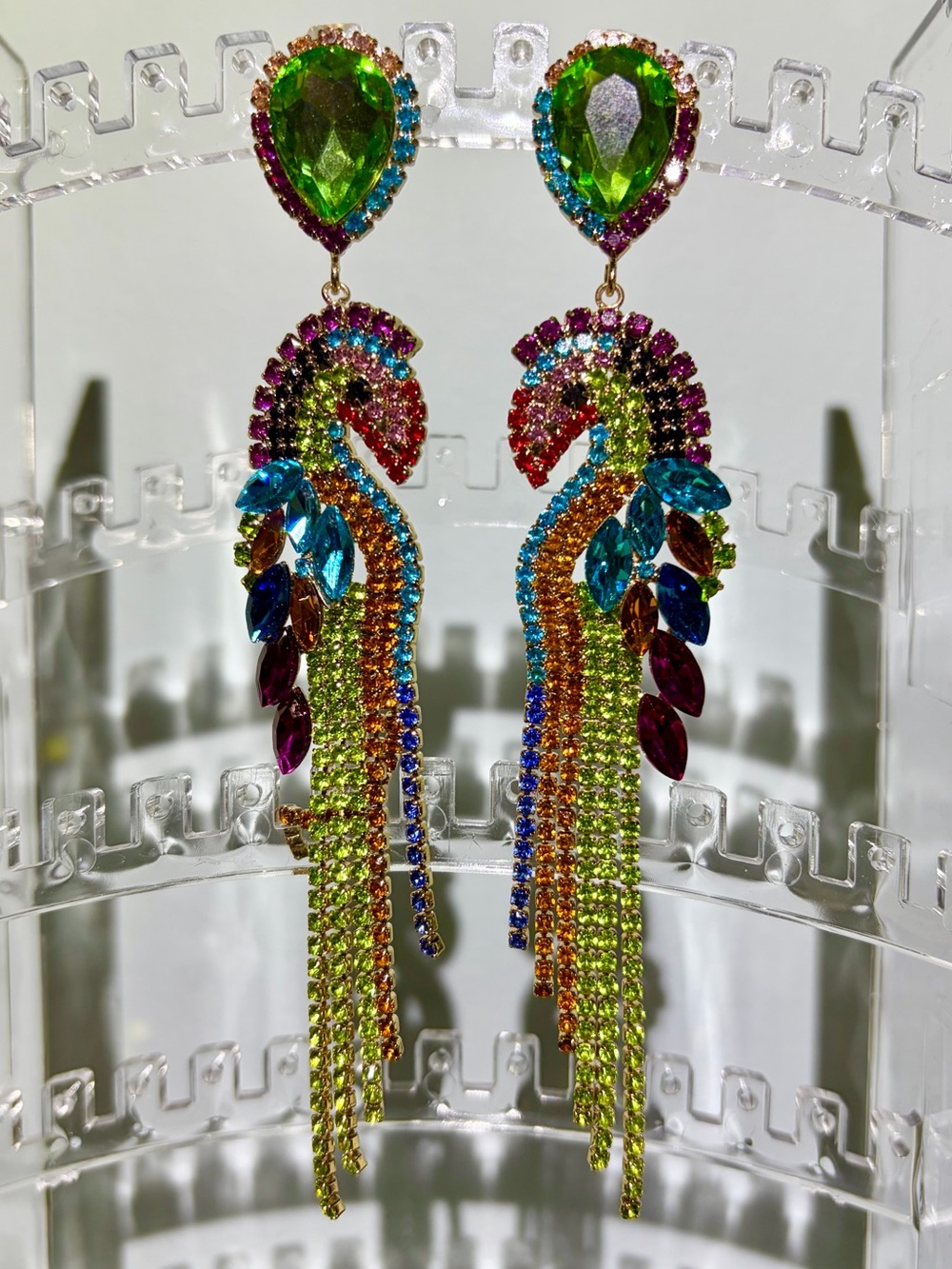 NWOT Multicolor Crystal Parrot Drop Pierced Earrings With Fringed Tail Feathers